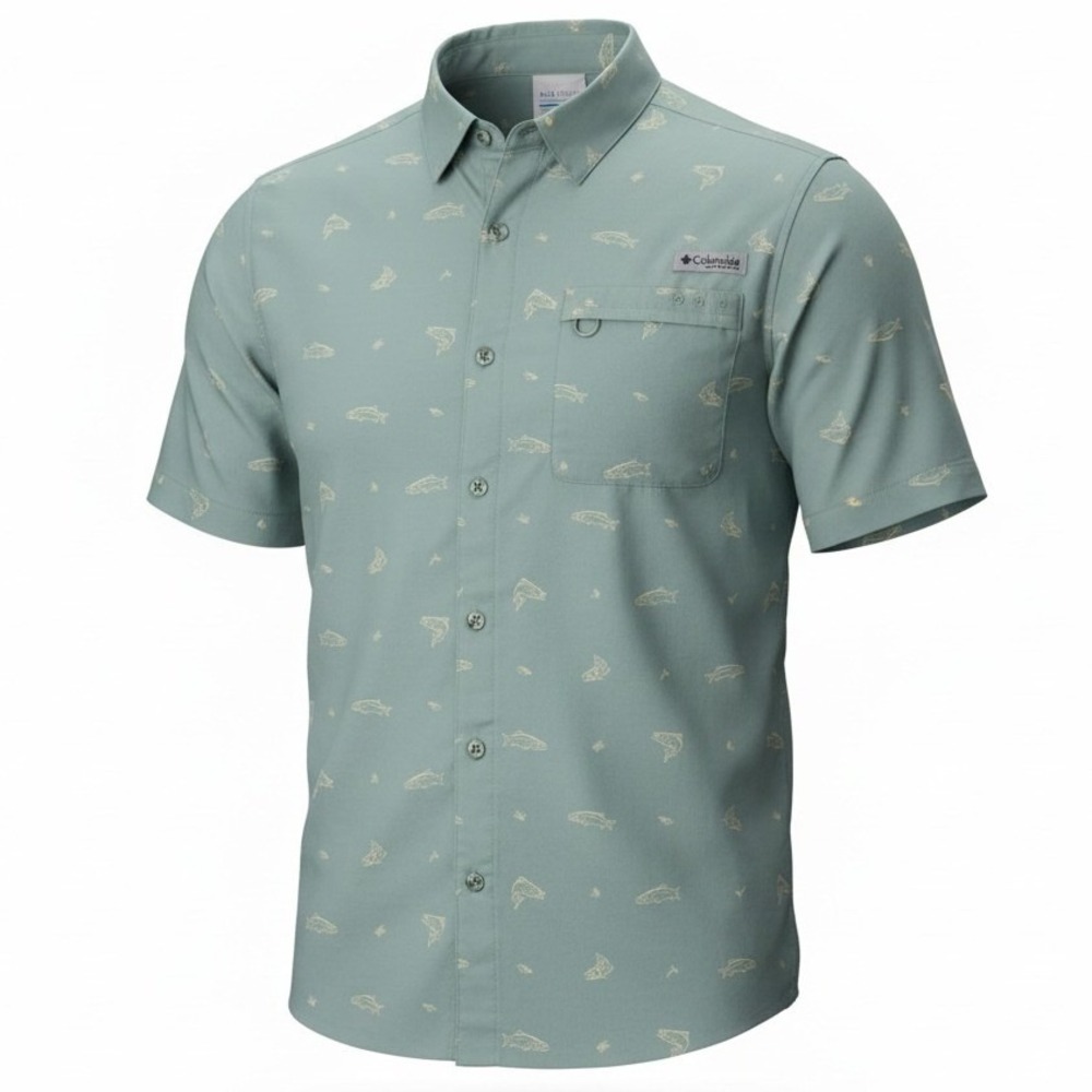 Columbia Mens M Wild Cast Camp Short Sleeve Button Up Shirt Fish Active Fit